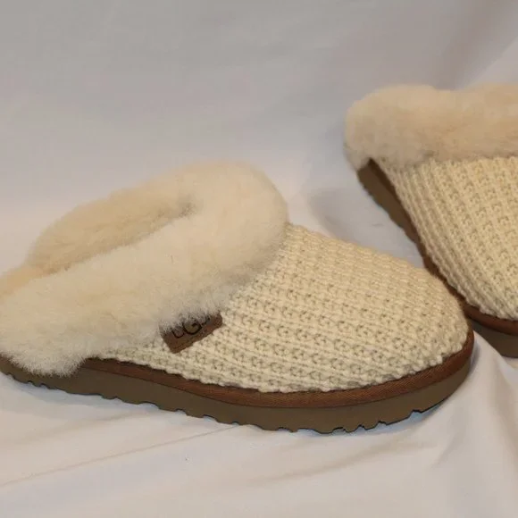 NIB UGG WOMEN'S SWEATER KNIT CLOG SLIP ON SHEARLING LINED SLIPPERS NATURAL - Picture 9 of 10